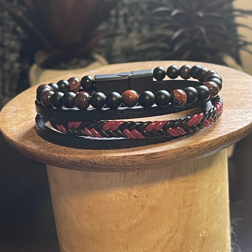 Black and Red Beaded And Leather Boho Bracelet